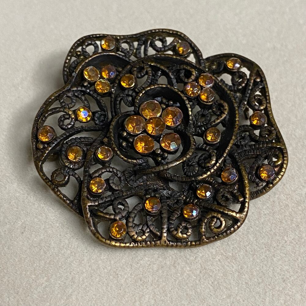 Vintage Antique Bronze Filigree Rose Brooch Amber Topaz Rhinestones 2" Unsigned